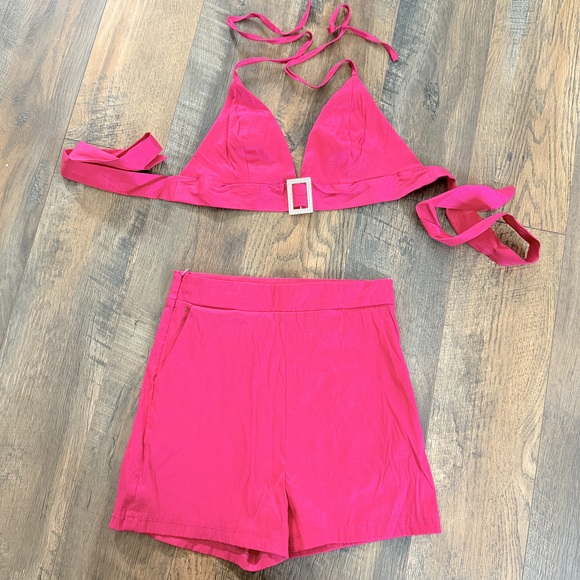 Shein Other - Hot pink rave party set short + triangle rhinestone halter bikini style small